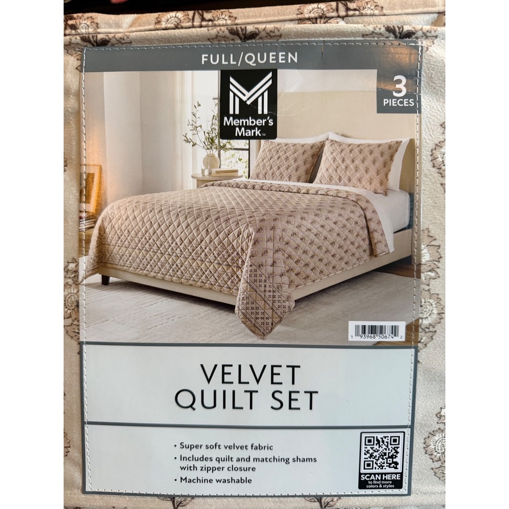 Velvet Quilt Set Full/Queen 3 Piece Floral Tan Beige New
